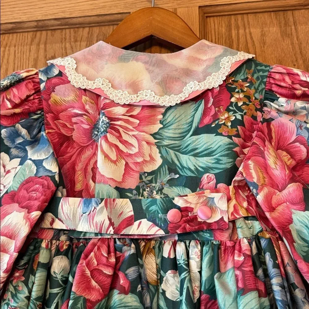 ANNE SAVOY Vintage 80s/90s Floral Cottagecore Dress Puff Sleeve Peter Pan Collar